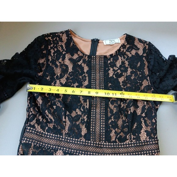 BOHO Maxi Dress Womens Large Black Lace over Beige‎ Bell Sleeve Coastal Romantic - Picture 6 of 11